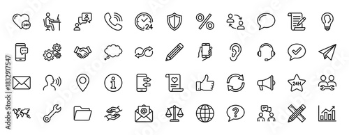 Customer service and business support line icon set. Vector pictograms of headset, telephone, handshake, chat, mail, agent, gear, clock, shield, thin linear illustration.