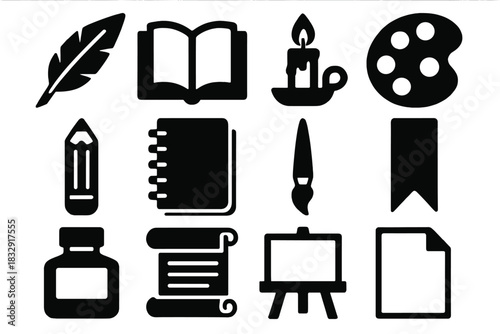 Storytelling Icons Vector Art. Art of Storytelling silhouette icon set: quill pen, open book, candle, palette, pencil, sketchbook, brush, bookmark, ink bottle, scroll, drawing