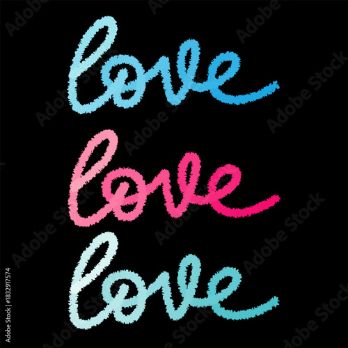 Three fuzzy handwritten 'love' words in vibrant gradient colors Vector