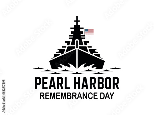 clean black Pearl Harbor Remembrance Day emblem with a battleship silhouette, designed for memorial graphics, historical awareness materials, veteran tribute visuals, and national remembrance events