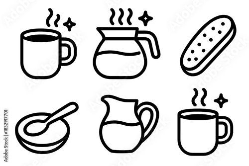 Coffee and Biscotti. Warm Sips linear icon set. ceramic mug, coffee pot, biscotti, spoon rest, milk jug, sparkle steam