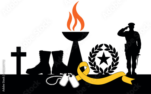 military memorial icon, fallen soldier tribute, solemn military memorial silhouette featuring a soldier saluting beside a battlefield cross, wreath, and flame, ideal for remembrance graphics