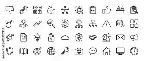 Business strategy and management line icon set. Vector pictograms of swot, target, handshake, growth, calendar, gear, idea, meeting, thin linear illustration.