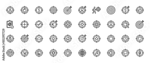 Business and goals line icon set. Vector pictograms of target, finance, success, strategy, and planning, thin linear illustration.