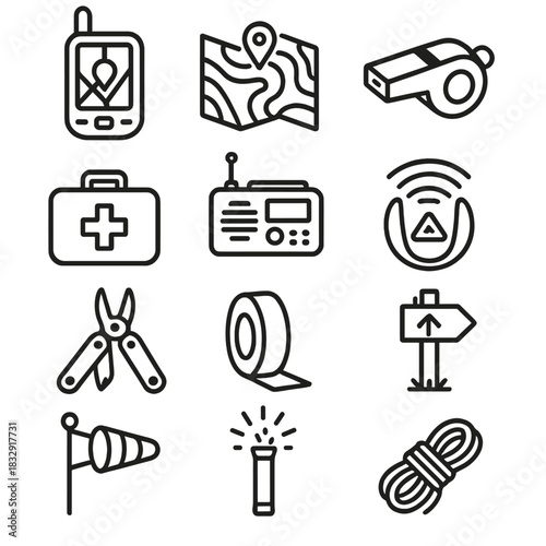 Safety & Navigation Icons. Safety & Navigation linear icon set. GPS device, topographic map, whistle, first aid kit, emergency radio, avalanche beacon, multi-tool, reflective tape
