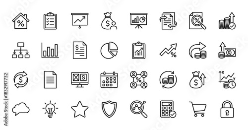 Finance and business line icon set. Vector pictograms of charts, money, statistics, and commerce, thin linear illustration.