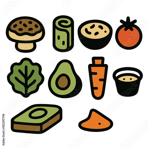 Vegetarian Icon Set. Vegetarian Starters silhouette icon set. stuffed mushroom, cucumber roll, hummus bowl, cherry tomato, lettuce leaf, avocado toast, carrot stick, dressing cup