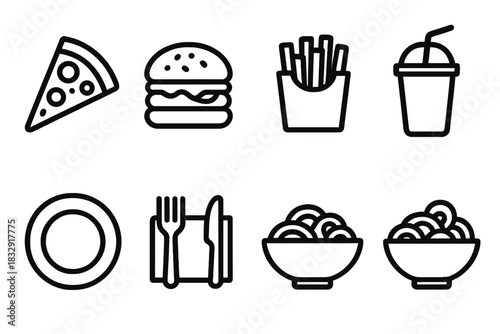 Casual Dinner Icons. Casual Dinner linear icon set: pizza slice, burger, fries, soda cup, plate, napkin, cutlery, bowl of pasta