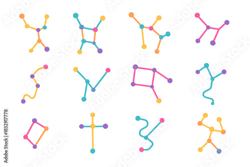 Vibrant Constellation Icons. Famous Constellations flat icons set. Orion, Ursa Major, Ursa Minor, Cassiopeia, Draco, Andromeda, Pegasus, Canis Major, Lyra, Cygnus, Hydra, Perseus