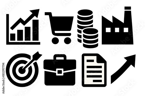 Market Competition Icons. Market Competition silhouette icon set. upward graph, shopping cart, coin stack, factory, dartboard, briefcase, contract, rising arrow.
