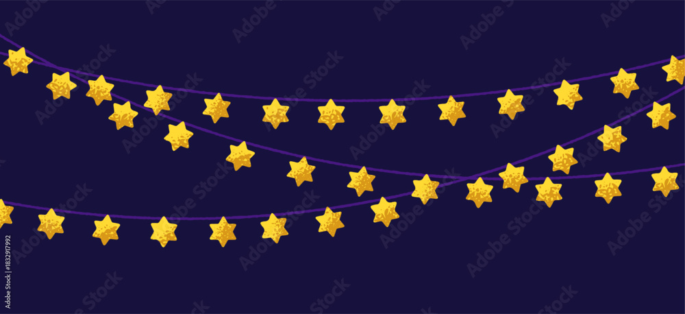 Fototapeta premium Festive David stars, Jewish light garland, banner background. Hanging golden starry decoration, ornament on string, decor for Jew holidays, Hanukkah, Shabbat celebration. Flat vector illustration