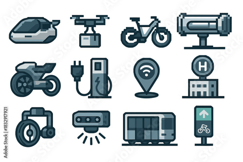 Futuristic Transport Icons. Futuristic Transport Design pixel style icon set: flying commuter capsule, autonomous delivery drone, streamlined e-bike, vacuum transit tunnel, hybrid