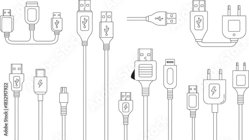 Collection of USB and Power Plug Cables for Electronics Connectivity and Charging Solutions in Outline Style