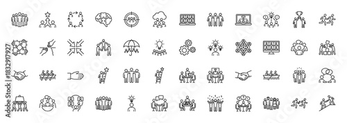Business teamwork line icon set. Vector pictograms of collaboration, meeting, partnership, leadership, handshake, brainstorming and support, thin linear illustration.