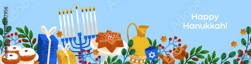 Happy Hanukkah, long panoramic greeting banner. Wide festive horizontal background with menorah candles, David star, dreidels, donuts for Hanukah, Jewish Hebrew holiday. Flat vector illustration