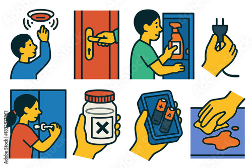 Home Safety Icons. Household Safety Practices Actions flat icon set: test alarm, lock door, store safely, unplug device, secure cabinet, label container, check batteries, wipe