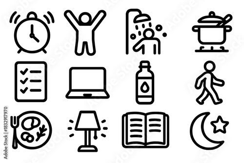 Daily Icons Collection. Everyday Routine Collection linear icon set: wake-up bell, stretch figure, shower icon, meal prep, task list, laptop time, hydration bottle, short walk