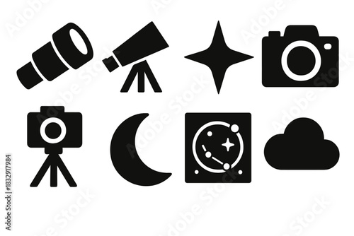 Optical Observation Icons. Optical Observation silhouette icon set. telescope lens, light beam, star, camera, tripod, moon, sky chart, cloud.