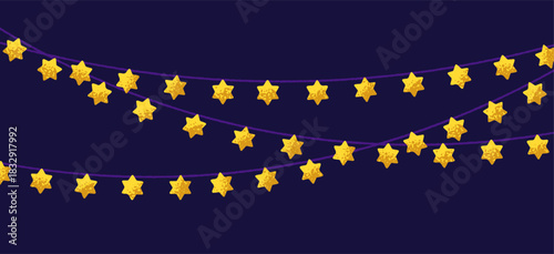 Festive David stars, Jewish light garland, banner background. Hanging golden starry decoration, ornament on string, decor for Jew holidays, Hanukkah, Shabbat celebration. Flat vector illustration