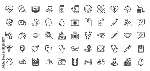 Medical and healthcare line icon set. Vector pictograms of stethoscope, ambulance, heart, syringe, and hospital building, thin linear illustration.