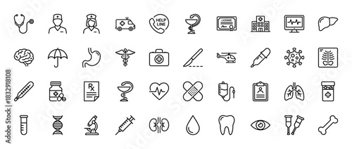 Medical healthcare line icon set. Vector pictograms of stethoscope, ambulance, hospital, brain, microscope, and syringe, thin linear illustration.