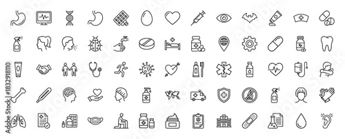Medical and healthcare line icon set. Vector pictograms of stethoscope, syringe, medicine, hospital, and organs, thin linear illustration.