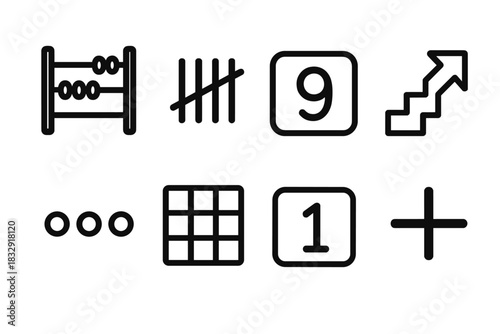 Counting Icon Collection. Counting items linear icon set: abacus bead, tally marks, counter wheel, step arrow, sequence dots, grid block, numeric tile, increment symbol