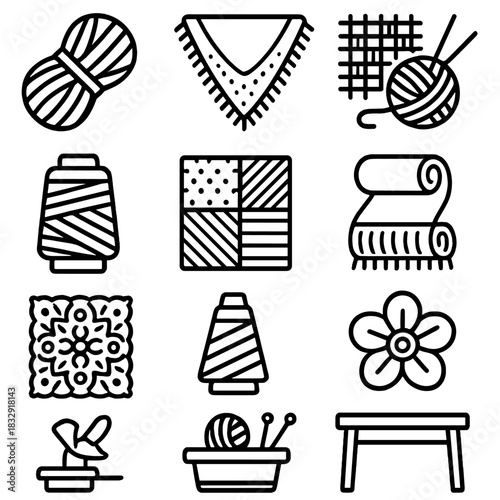 Knitting Craft Icons. Artisan Knitting Event linear icon set: wool skein, handmade shawl, woven texture, circular needles, bobbin, patchwork, scarf roll, yarn winder, craft table
