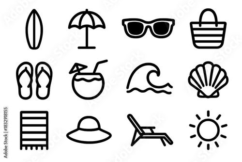 Beach Icons Collection. Beach Lifestyle Icons linear icon set. surfboard, umbrella, sunglasses, beach bag, flip flops, coconut drink, wave, shell, towel, hat, chair, sun