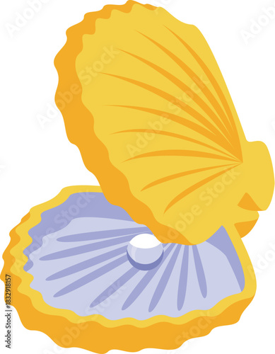 Open shell containing a beautiful, round pearl, isometric illustration perfect for jewelry or marine life concepts