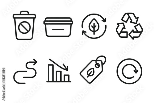 Waste Reduction Icons. Waste Reduction Strategies linear icon set: minimal-waste bin, reusable container, compost symbol, recycling arrows, low-waste path, resource-saving bar, eco