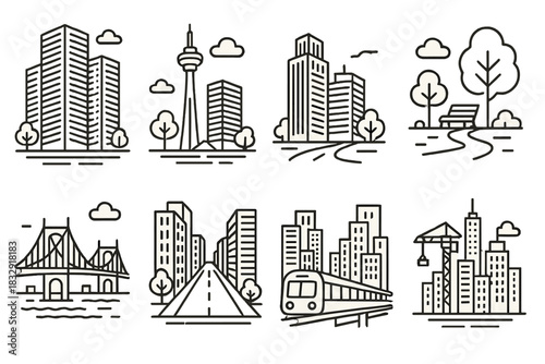 Urban Landscape Sketch. Downtown view concept linear icon set: high-rise, tower, park, bridge, street, metro, skyline, crane , structured thin-line perspective