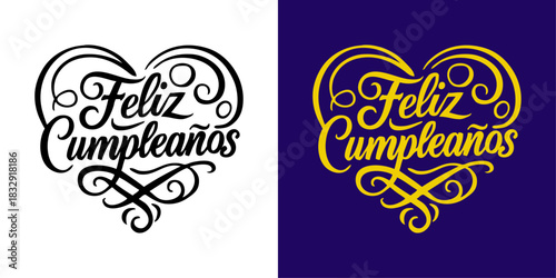 Mensaje Feliz Cumpleaños en español con silueta de corazón con florituras de adorno para felicitaciones y tarjetas