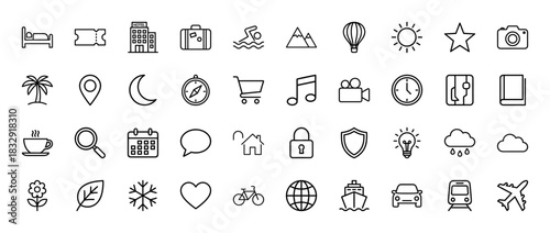 Travel, weather, and leisure line icon set. Vector pictograms of suitcase, sun, car, plane, and cloud, thin linear illustration.
