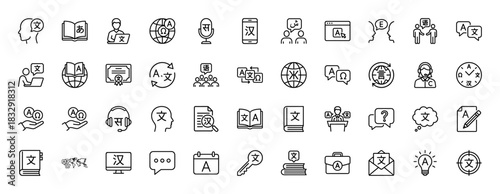 Language translation and learning line icon set. Vector pictograms of book, globe, dictionary, diploma, and interpreter, thin linear illustration.