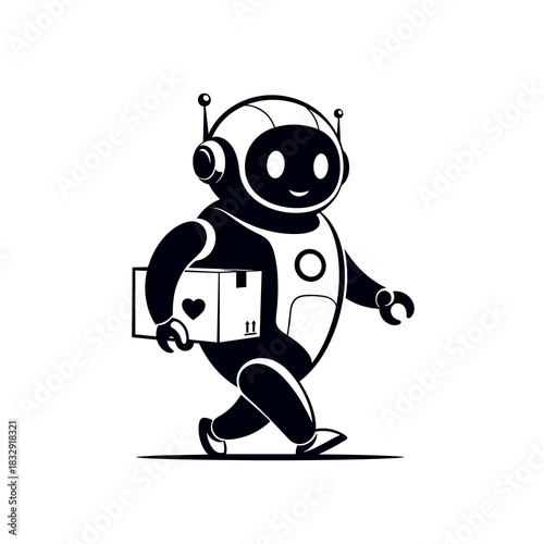 Happy robot courier walking while delivering a package for online shopping  