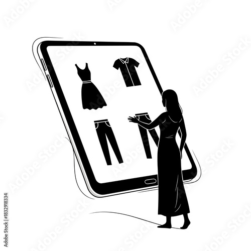 Woman shopping for clothes on a giant tablet for Online shopping and fast delivery service  