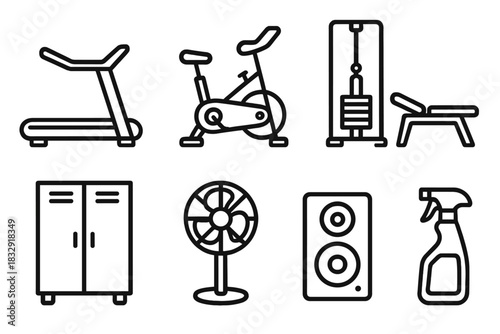 Fitness Icon Set. Fitness Studio linear icon set: treadmill, stationary bike, cable machine, bench, locker, fan, speaker, cleaning spray