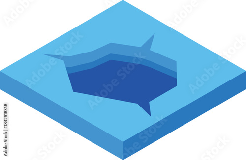 Ice hole breaking thin surface revealing deep blue water below in isometric icon style