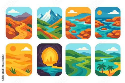 Vibrant Discovery Landscapes. Discovery Landscapes flat icon set: rugged trail, alpine pass, tidal pool, windswept dunes, luminous cave, rolling hills, river delta, tropical inlet