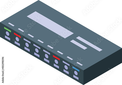Network switch with multiple ports and leds blinking, managing internet connection in an office or server room