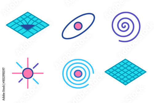 Space-Time Icon Set. Space-Time Continuum flat icons set. gravity well, orbit line, spiral, quantum dot, ripple, grid