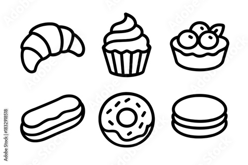 Black Line Pastries Icons. Pastry Creations linear icon set: croissant, cupcake, tart, éclair, donut, macaron