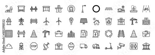 City and urban infrastructure line icon set. Vector pictograms of buildings, transportation, public services, and construction, thin linear illustration.