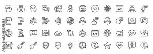 Language translation line icon set. Vector pictograms of interpreter, dictionary, globe, speech bubble, headset and communication symbols, thin linear illustration.