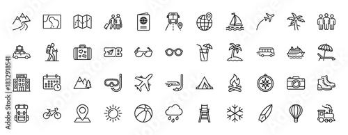 Travel and vacation line icon set. Vector pictograms of passport, luggage, airplane, hotel, beach, camping tent, backpack and transport, thin linear illustration.