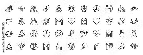 Social responsibility and human values line icon set. Vector pictograms of handshake, heart, brain, balance, and dove, thin linear illustration.