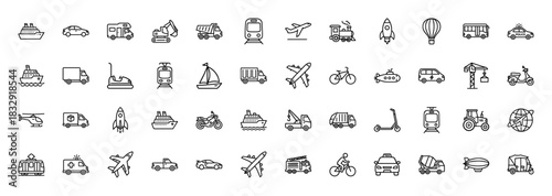 Logistics and transportation line icon set. Vector pictograms of truck, ship, aircraft, train, car, and bicycle, thin linear illustration.