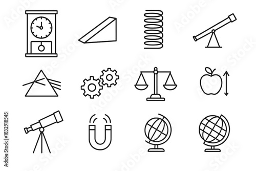 Classical Physics Icons. Classical Physics Innovations linear icon set: pendulum clock, inclined plane, spring coil, lever, prism, gear mechanism, balance scale, Newton’s apple