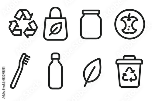 Zero Waste Icons. Zero Waste linear icon set. recycling symbol, reusable bag, glass jar, compost icon, bamboo toothbrush, metal bottle, eco leaf, sorting bin